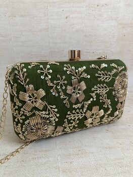 Green Handcrafted Raw Silk Rectangular Clutch Bag, 4 of 9