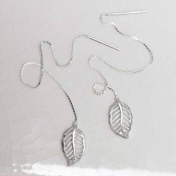 Sterling Silver Leaf Threader Earrings, 3 of 4