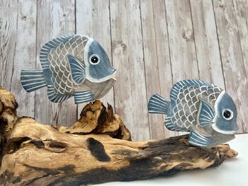 48cm Hand Carved Coral And Blue Fish Figurine On Teak Root Ornament, 7 of 9