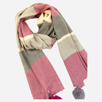 Cashmere Herringbone Pink Pom Pom Scarf, 4 of 5