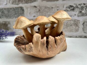 Handcrafted Wavy Cup Mushroom Sculpture Ornament On Natural Teak Root, 2 of 5