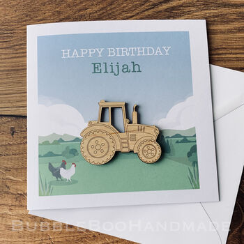 Personalised Birthday Card With Wooden Farm Tractor Keepsake, 2 of 4