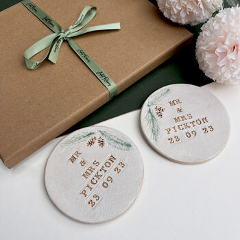 Forest Theme Mr And Mrs Set Of Two Wedding Coasters, 2 of 5