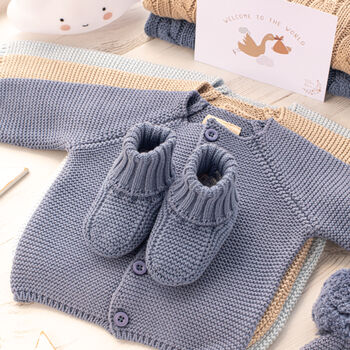 Luxury Cotton Pale Blue Baby Cardigan And Booties Set, 2 of 11