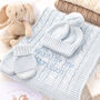 Seaside Blue Cable Knit Baby Blanket, Hat And Mittens Set, thumbnail 5 of 12