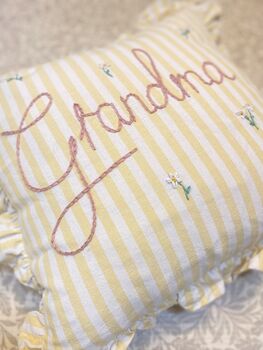 Hand Embroidered Personalised Cushion Lemon Stripe Ruffle Trim, 7 of 7