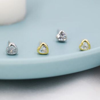 Tiny Cz Heart Stud Earrings In Sterling Silver, 3 of 10