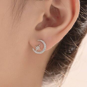 Delicate Cz Moon And Star Stud Earrings In Sterling Silver, 6 of 11