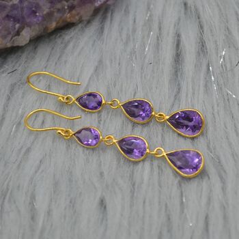 Amethyst Gold Plated Silver Drop Earrings, 3 of 8