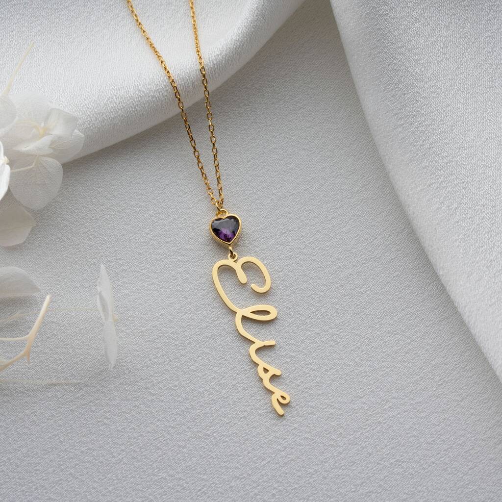 Vertical Name Necklace With Heart Birthstone, 1 of 9