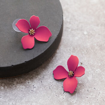 Hot Pink Hand Painted Flower Shaped Stud Earrings, 3 of 3