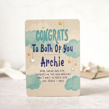 Personalised New Baby Card In Wood, Blue, 2 of 2