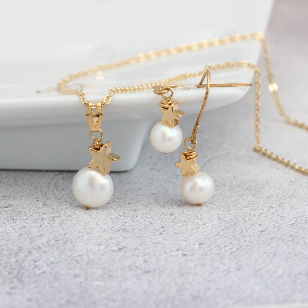 White Pearl Pendant And Earrings Set By Bish Bosh Becca