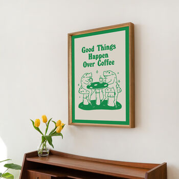 'Good Things Happen Over Coffee' Mushroom Frog Print, 6 of 11