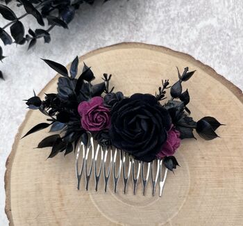 Black And Burgundy Gothic Wedding Flower Hair Comb, 2 of 4
