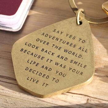'Say Yes To Adventure' Antiqued Brass Keyring, 2 of 3
