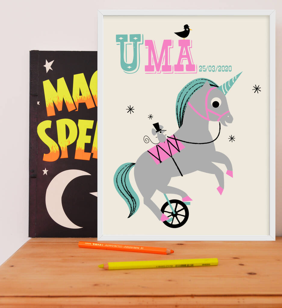 personalised unicycling unicorn name print by ketchup on