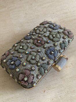 Grey Handcrafted Multicoloured Flower Rectangular Clutch, 3 of 11