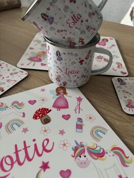 Kids Personalised Fairy And Unicorn Placemat, Coaster And Mug Dinner Set, 9 of 10