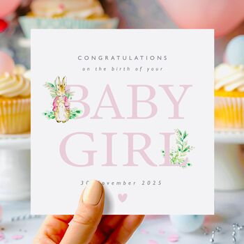 Personalised Peter Rabbit New Baby Card *Pink + Blue Options, 3 of 3
