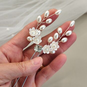 Pearl And Ceramic Flower Bridal Hair Pin, 3 of 12