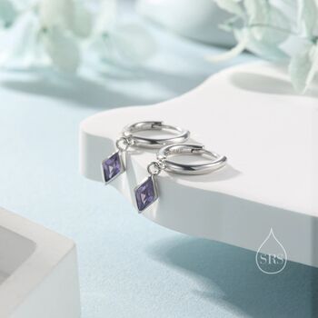 Very Tiny Rhombus Amethyst Purple Cz Huggie Hoop In Sterling Silver, 2 of 12