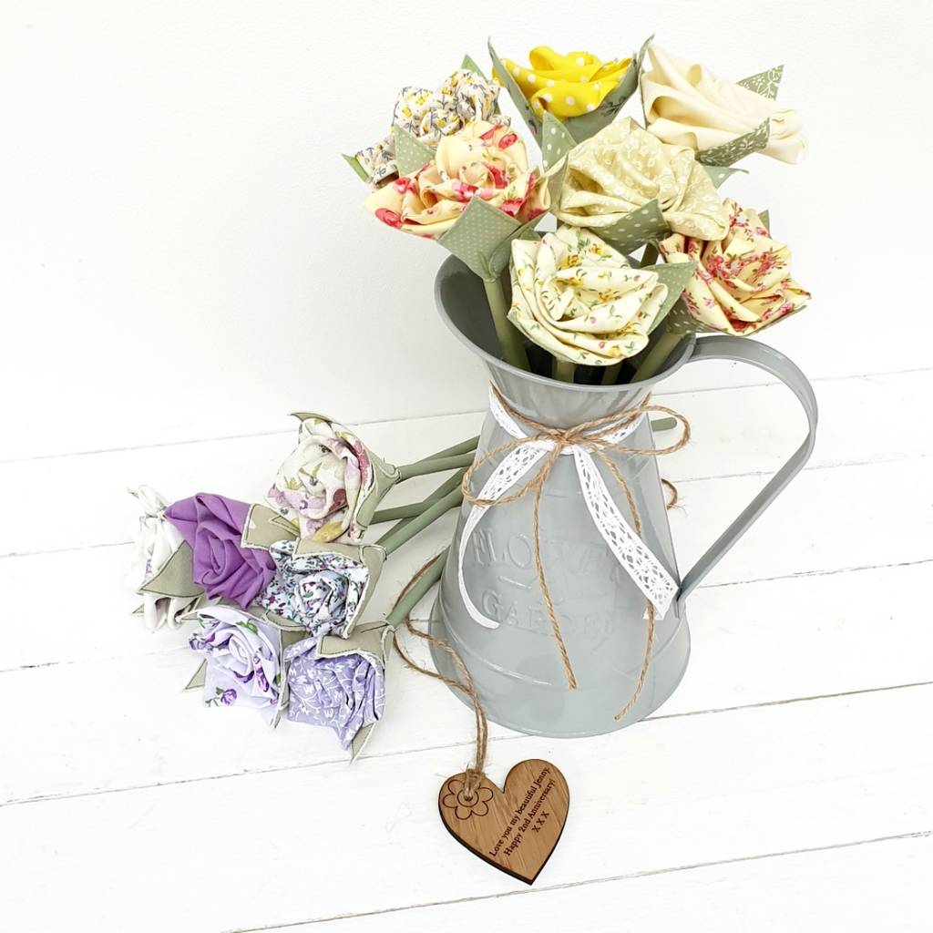 Cotton Handmade Flowers In Jug And Engraved Oak Tag, 1 of 12