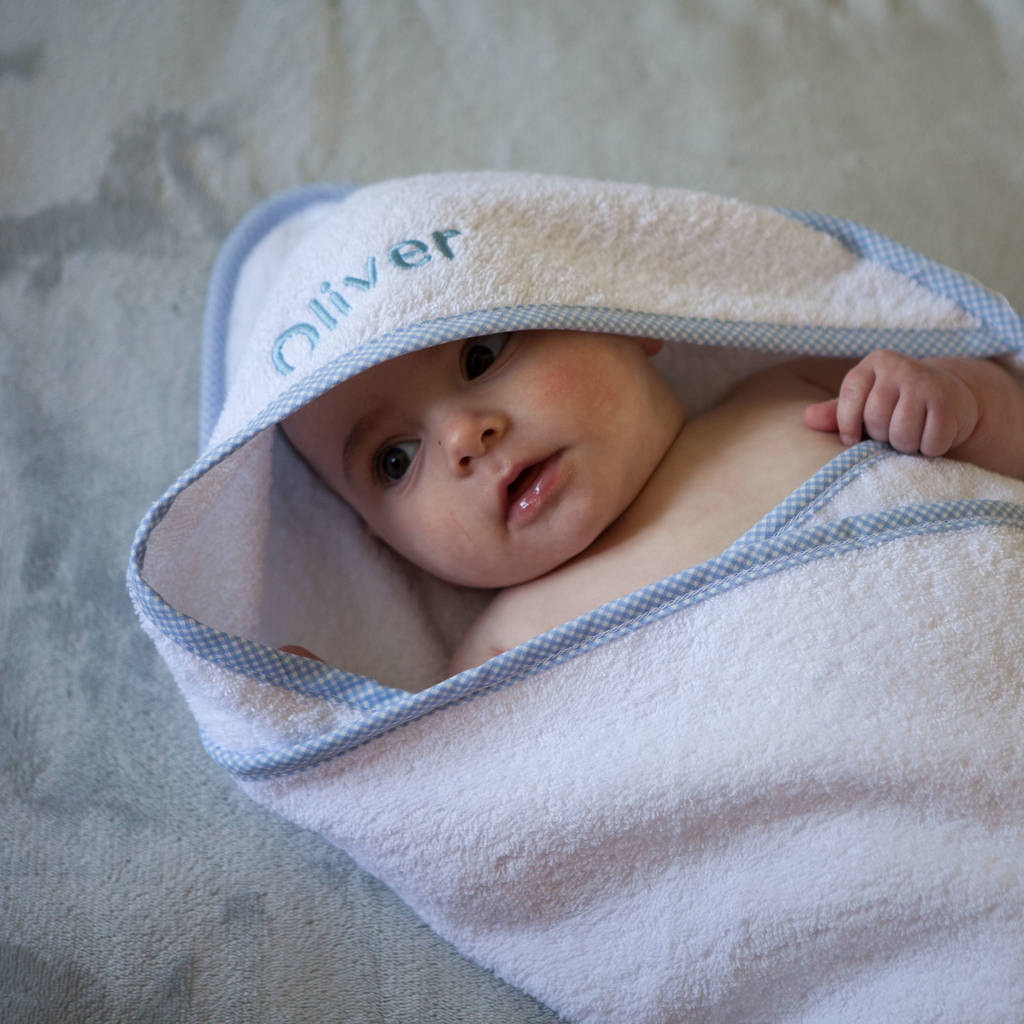 Personalised Baby Hooded Towel Edged In Blue Gingham, 1 of 6