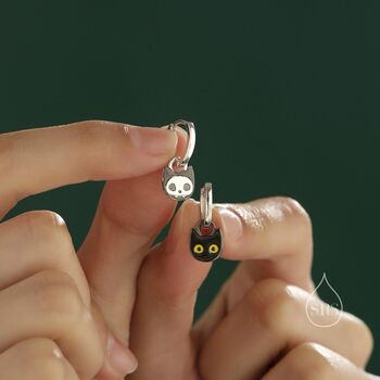 Sterling Silver Schrodinger's Cat Asymmetric Huggie Hoop Earrings, 7 of 11