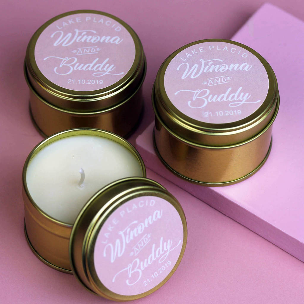 pink personalised wedding favour candles in gold tin by hearth