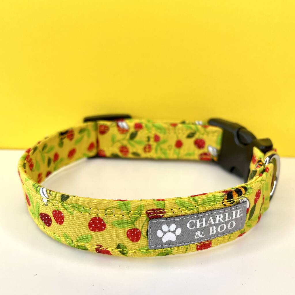 Yellow Bee And Strawberry Dog Collar By Charlie and Boo