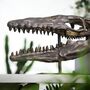 Large Hand Painted Mosasaurus Skull Dinosaur Sculpture – Museum Quality 3D Resin Fossil Model On Black Metal Stand, Statement Home Decor, thumbnail 3 of 4