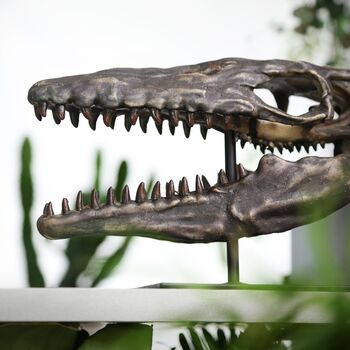 Large Hand Painted Mosasaurus Skull Dinosaur Sculpture – Museum Quality 3D Resin Fossil Model On Black Metal Stand, Statement Home Decor, 3 of 4