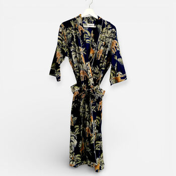Giraffe Print 100% Cotton Dressing Gown Kimono In Dark Blue, 4 of 7