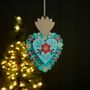 Turquoise And Blue Wood Floral Heart Hanging Decoration, thumbnail 1 of 2