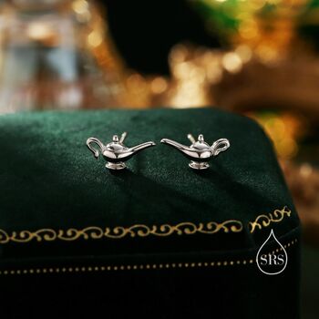 Aladdin's Magic Lamp Stud Earrings In Sterling Silver, 5 of 12