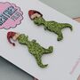 Christmas T Rex Dinosaur Santa Hat Glitter Earrings, thumbnail 3 of 4