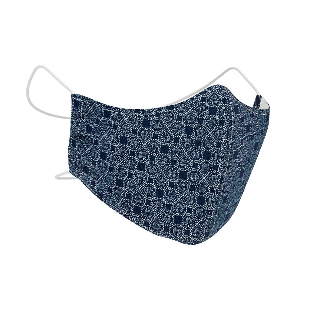 Navy Blue Tile Washable Antimicrobial Face Mask By Mbt Studio