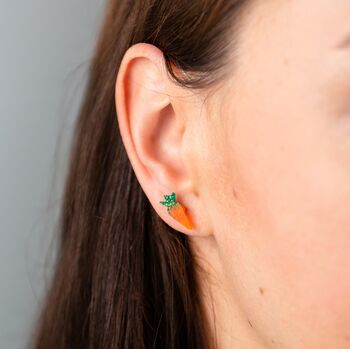 Tiny Triple Easter Earrings, Rabbit And Carrot Studs, 2 of 6