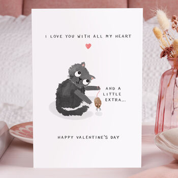 Cute Black Cat With Mouse Valentine Card, 2 of 5