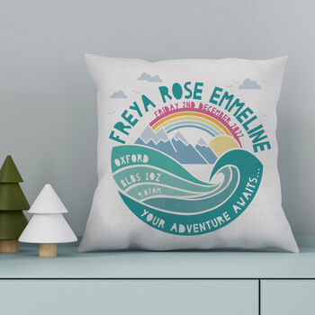 Personalised New Baby Mountain Adventure Cushion, 4 of 8