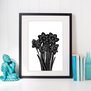 Daffodil Flowers Black And White Linocut Art Print, 5 of 5