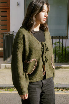 Green Tie Front Leopard Heart Cardigan, 4 of 7