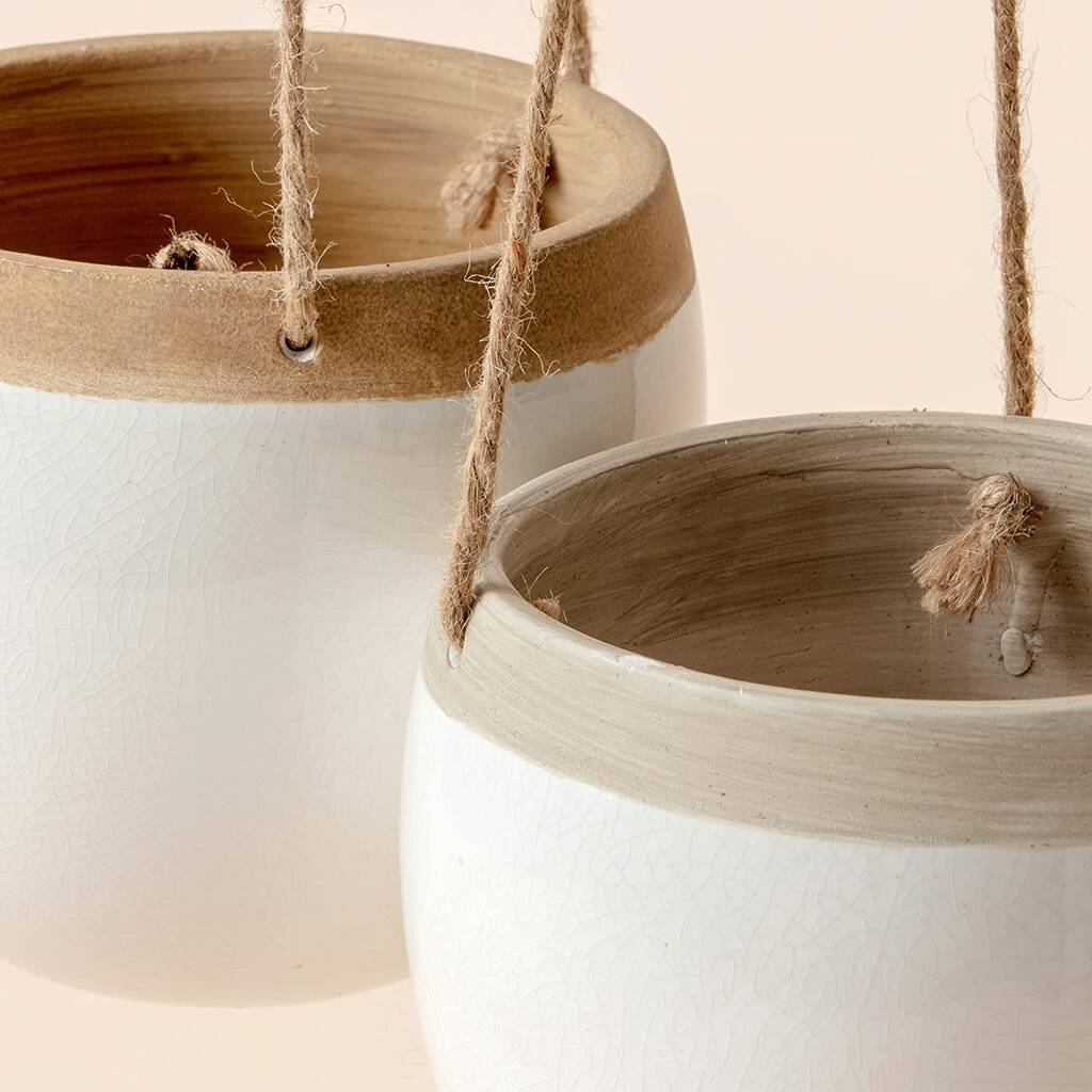 Pack Of Two Ceramic Hanging Pots With Jute Rope By Momentum