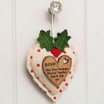 Personalised Holly Crochet Linen Christmas Heart, 2 of 4