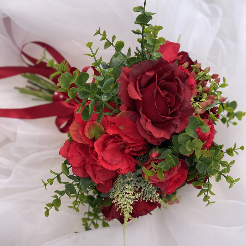 The Ruby Red Rose Bridal Bouquet By Lily Maud tiaras & Wedding Flowers