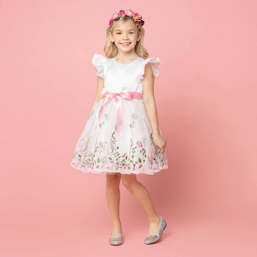 Garden Floral Girls Party Dress, White And Pink, 1 of 5