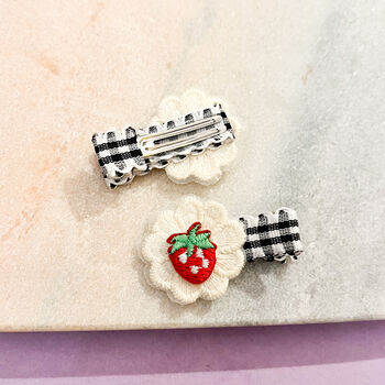 Strawberry And Cherry Embroidered Fruit Gingham Hair Clip Set, 3 of 5