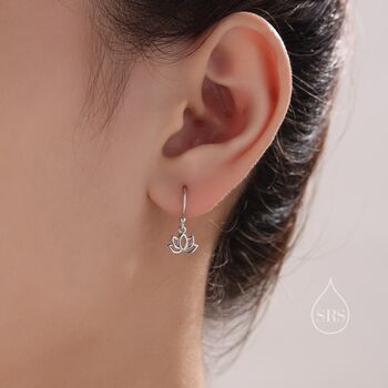 Sterling Silver Lotus Flower Drop Hook Earrings, 3 of 11