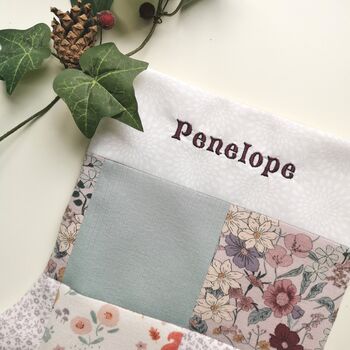 Christmas Stocking, Made From Baby Clothes, White Trim With Embroidered Name, Fully Lined, 3 of 8